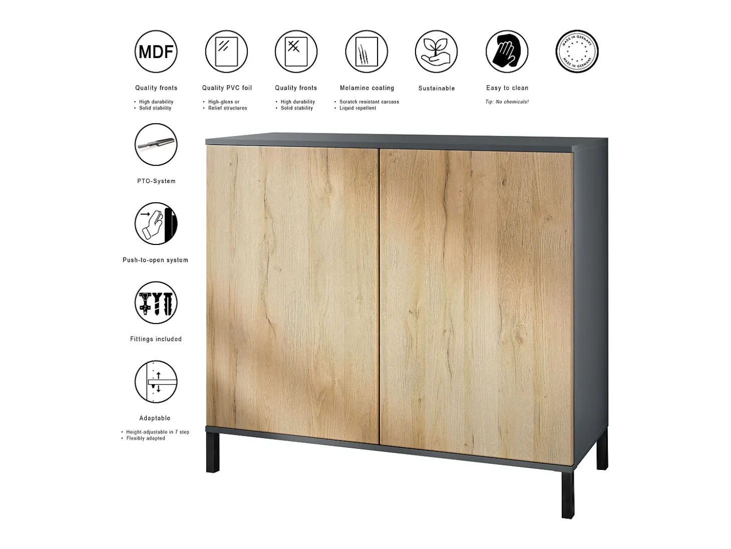 Aparador Skadu V3, Armario de Cocina Moderno con 2 Puertas Grandes antracita mate / blanco de alto brillo (92,5 x 83.5 x 35)