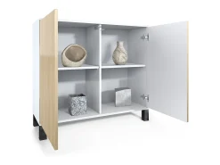 Aparador Skadu V3, Armario de Cocina Moderno con 2 Puertas Grandes blanco mate / roble natural (92,5 x 84.5 x 35)