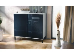 Aparador Skadu V3, Armario de Cocina Moderno con 2 Puertas Grandes blanco mate / negro de alto brillo (92,5 x 83.5 x 35)
