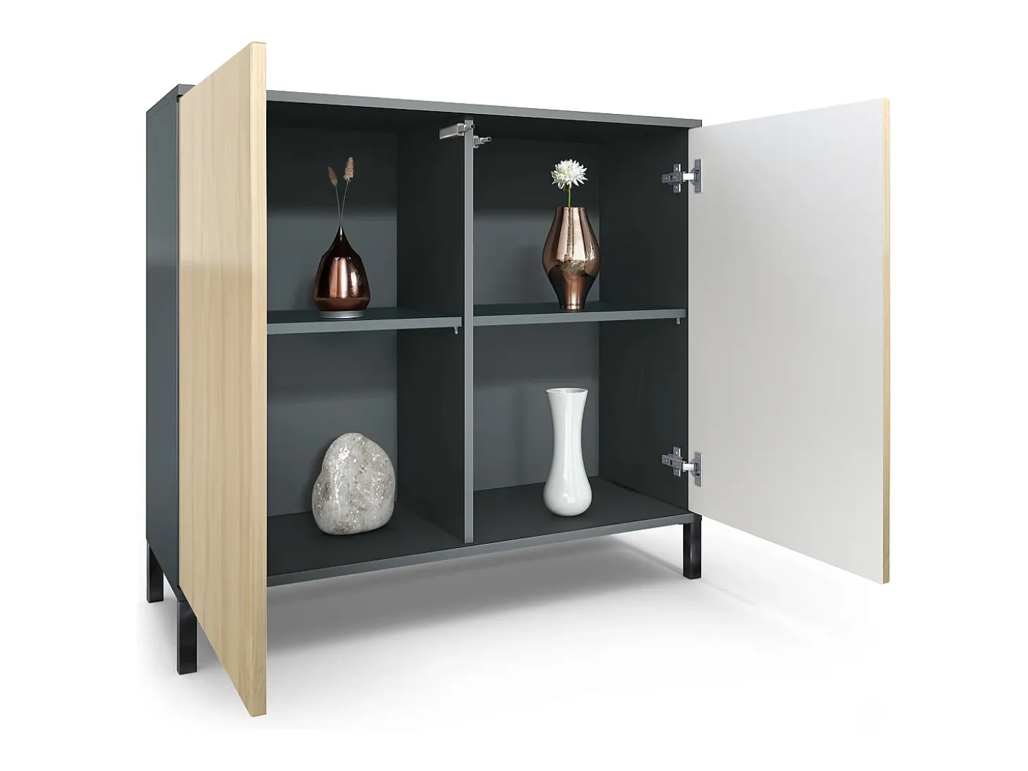 Aparador Skadu V3, Armario de Cocina Moderno con 2 Puertas Grandes antracita mate / negro de alto brillo (92,5 x 83.5 x 35)
