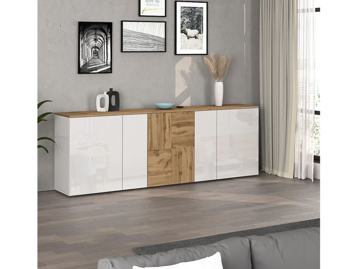 Aparador suspendido Iseo con 5 puertas y 10 compartimentos internos blanco brillo y roble 200x35x70 cm