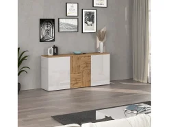 Aparador suspendido Iseo con 3 puertas y 6 compartimentos internos blanco brillo y roble 150x35x70 cm