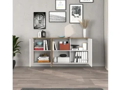 Aparador suspendido Iseo con 3 puertas y 6 compartimentos internos blanco brillo y roble 150x35x70 cm