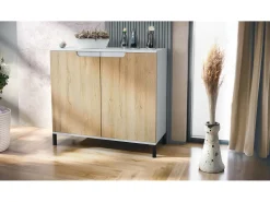 Aparador Sylt V3, Armario de Cocina Moderno con 2 Puertas Grandes blanco mate / roble natural (92,5 x 83.5 x 35)