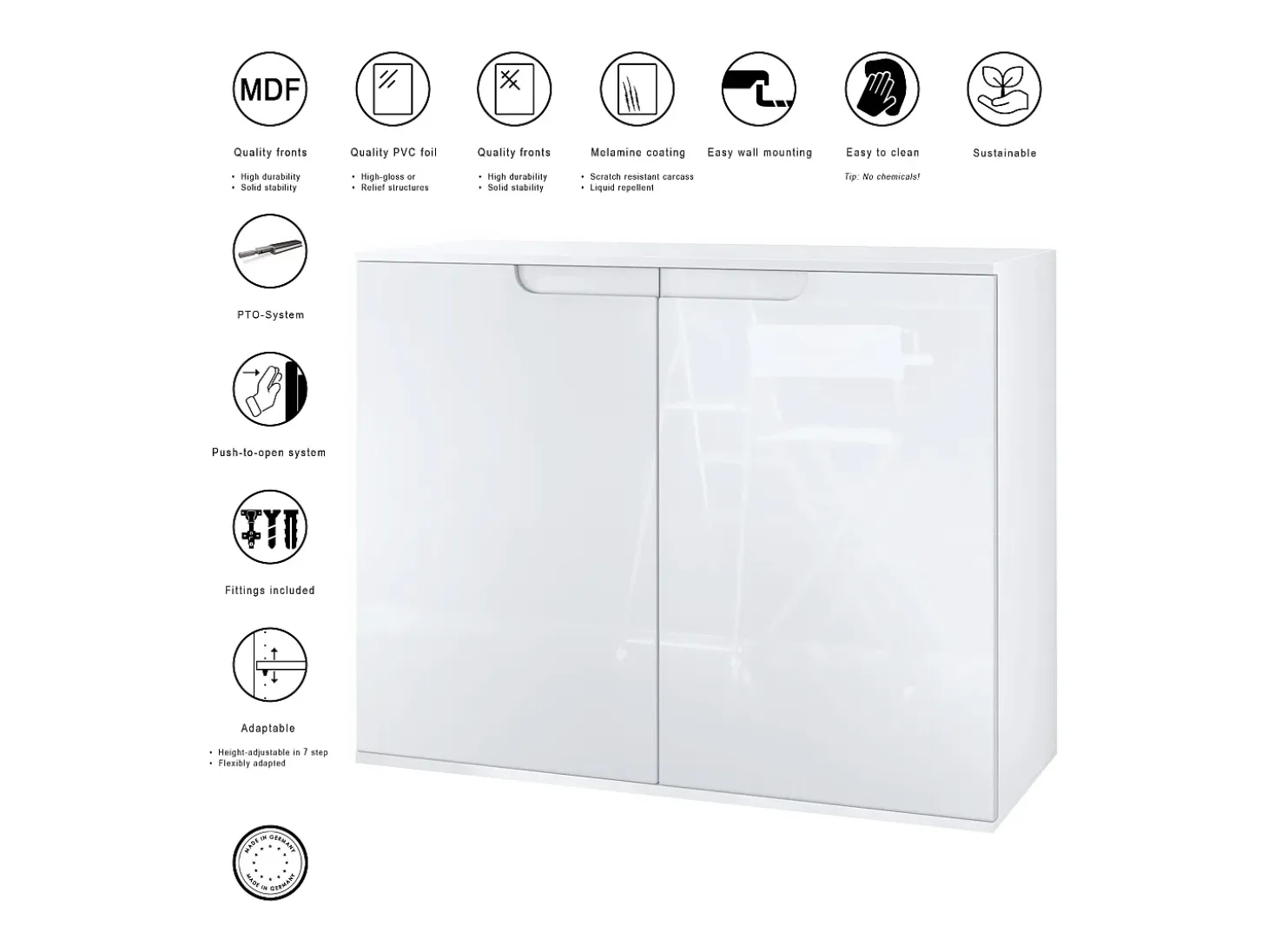 Aparador Sylt V3, Armario de Cocina Moderno con 2 Puertas Grandes blanco mate / blanco de alto brillo (92,5 x 73.5 x 35)
