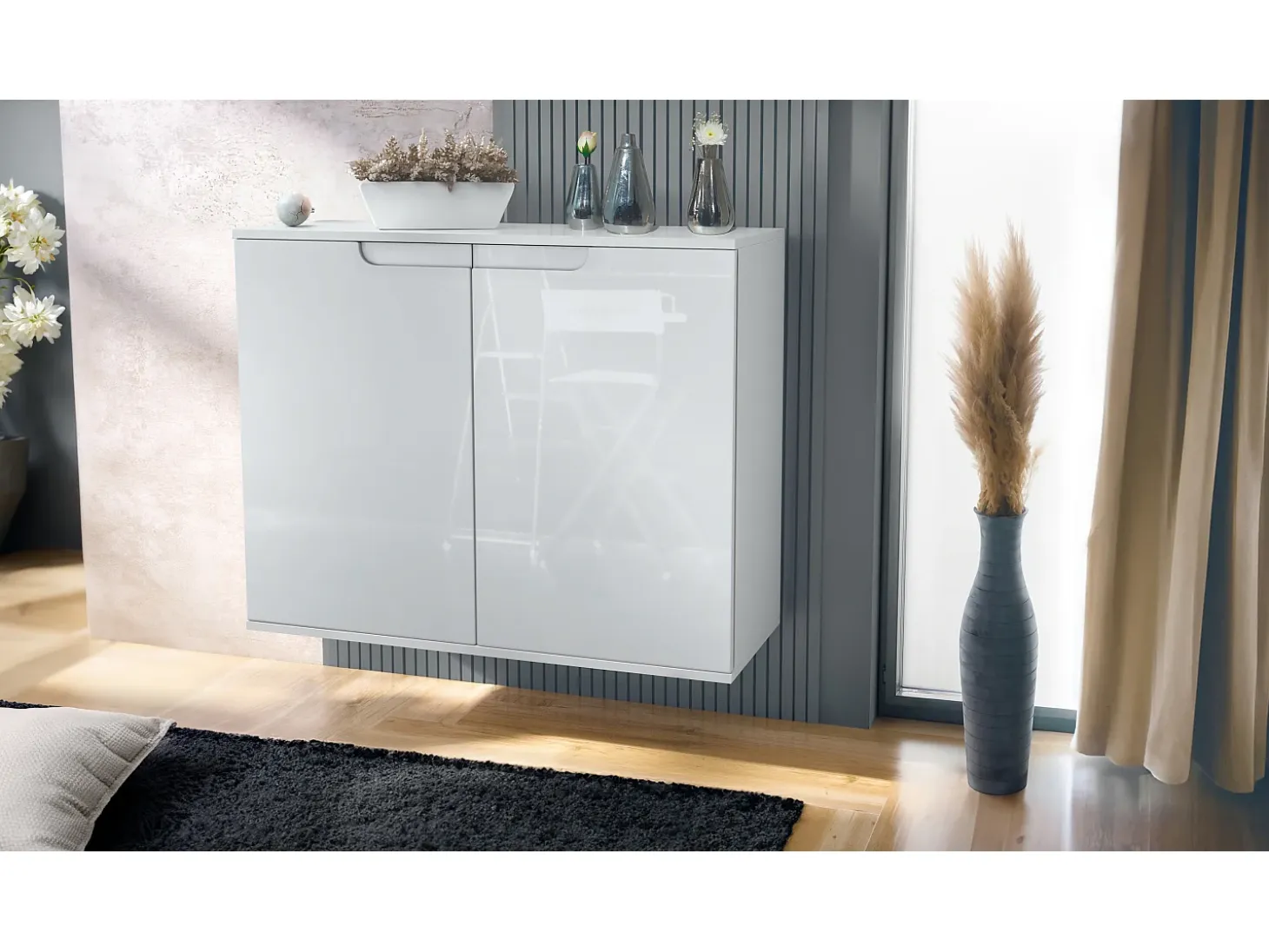 Aparador Sylt V3, Armario de Cocina Moderno con 2 Puertas Grandes blanco mate / blanco de alto brillo (92,5 x 73.5 x 35)