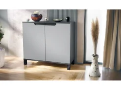 Aparador Sylt V3, Armario de Cocina Moderno con 2 Puertas Grandes antracita mate / gris claro satinado (92,5 x 84.5 x 35)