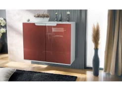 Aparador Sylt V3, Armario de Cocina Moderno con 2 Puertas Grandes blanco mate / burdeos de alto brillo (92,5 x 73.5 x 35)