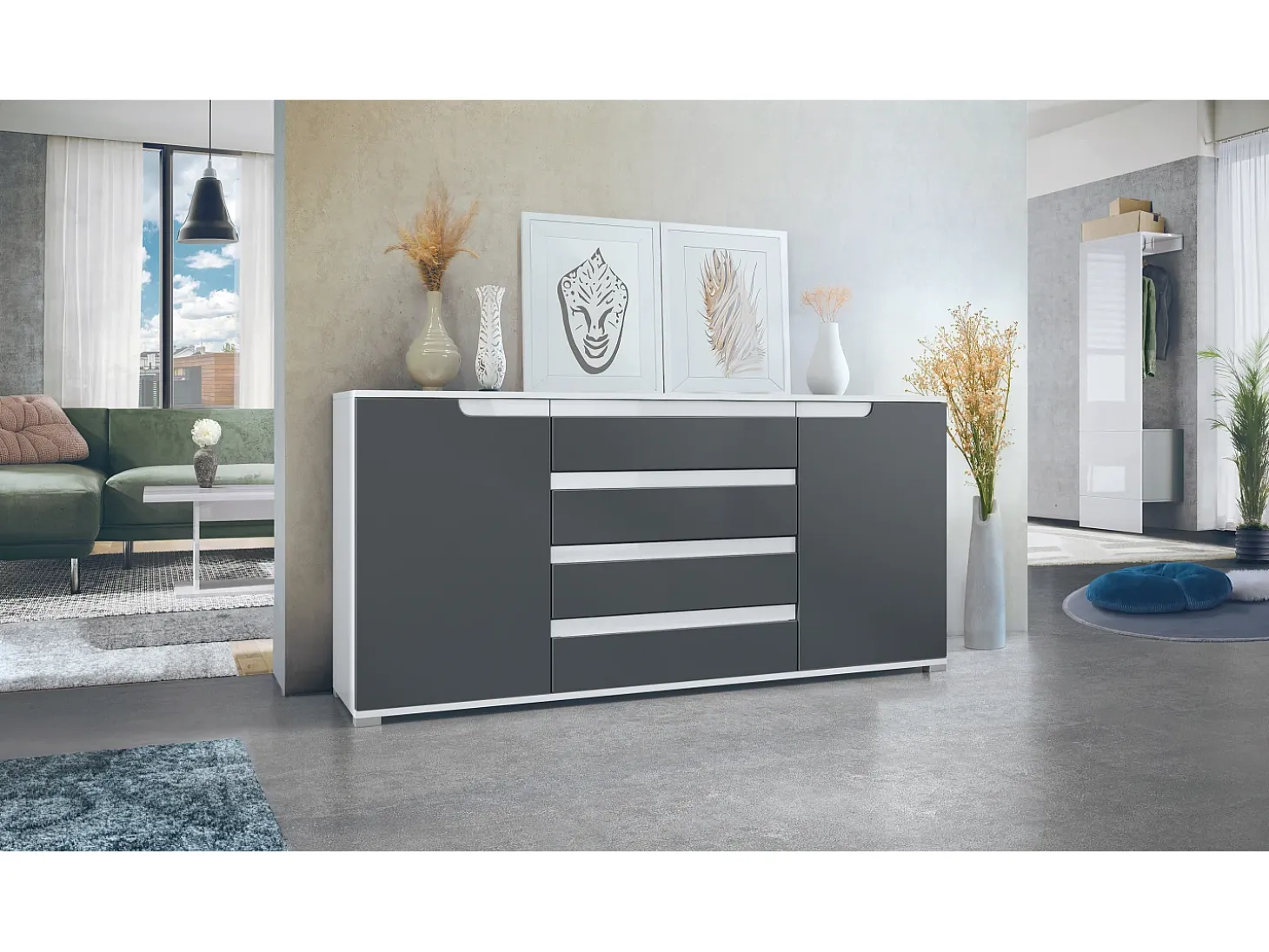 Aparador Sylt V2, Cómoda con 2 Puertas y 4 Cajones, Cuerpo - blanco mate / Frontal - antracita mate / Detalles - blanco de alto brillo (166,5 x 75,5 x 35 cm)