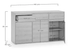 Aparador Tori 3 Puertas 3 cajones, Color Roble, 140 cm