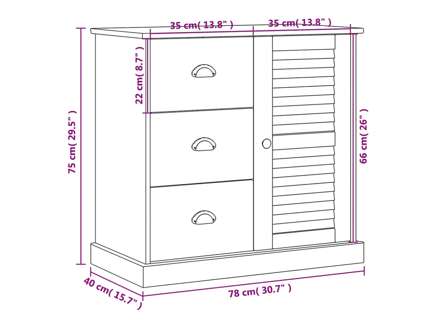 Aparador VIGO con cajones 78x40x75 cm madera maciza de pino