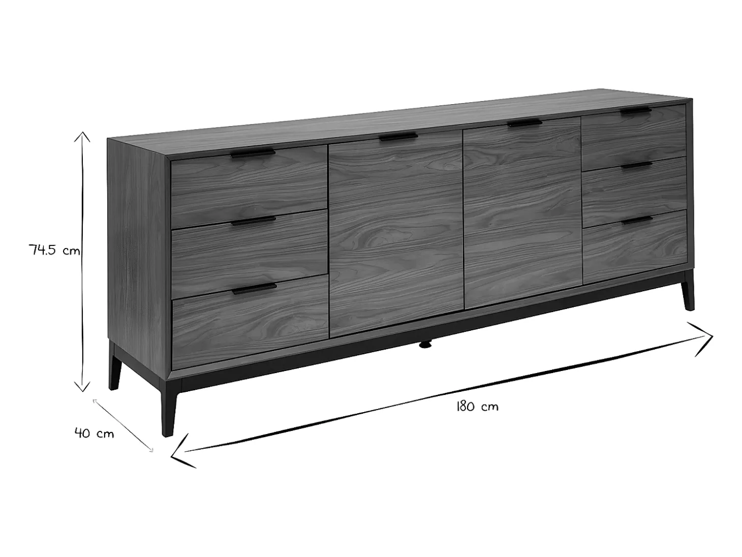 Aparador vintage con acabado de madera de nogal oscuro y metal negro con almacenaje 180 cm SARTO