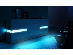 Aparador Vladon Flow, blanco mate/blanco de alto brillo con LED - Cómoda moderna con acristalamiento Ambient Light para su salón (177 x 75 x 39 cm)