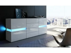 Aparador Vladon Flow, blanco mate/blanco de alto brillo - Cómoda moderna con acristalamiento Ambient Light para su salón (177 x 75 x 39 cm)