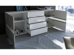 Aparador Vladon Flow, blanco mate/blanco de alto brillo - Cómoda moderna con acristalamiento Ambient Light para su salón (177 x 75 x 39 cm)
