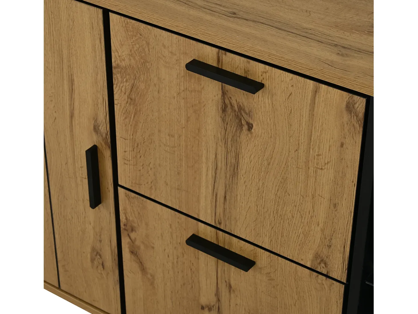 Aparador 160x40x73 cm - 2 puertas y 2 cajones - Iluminación LED - Estante de vidrio - Aspecto madera - MDF - Natural + Negro