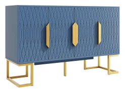 Aparador 140x40x80 cm, estilo contemporáneo, con cuatro puertas y dos estantes regulables en altura, azul