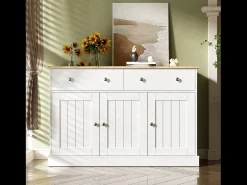 Aparador 120x36x80,5cm - Mueble de salón con textura grabada, mecanismo push-open - Blanco
