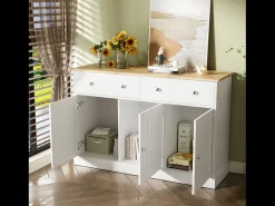 Aparador 120x36x80,5cm - Mueble de salón con textura grabada, mecanismo push-open - Blanco