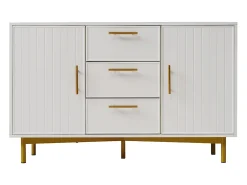 Aparador 120x40x75,5cm con 3 cajones y 2 puertas, patas y tiradores dorados, cuerpo blanco