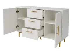 Aparador 120x40x75,5cm con 3 cajones y 2 puertas, patas y tiradores dorados, cuerpo blanco