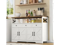 Aparador 140x35x95cm con 3 cajones, 4 puertas y 1 nicho, tablero imitación madera marrón, cuerpo blanco