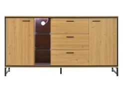 Aparador 160x40x85cm con 3 cajones, 2 puertas, 3 nichos y LED, cuerpo en chapa de madera natural clara