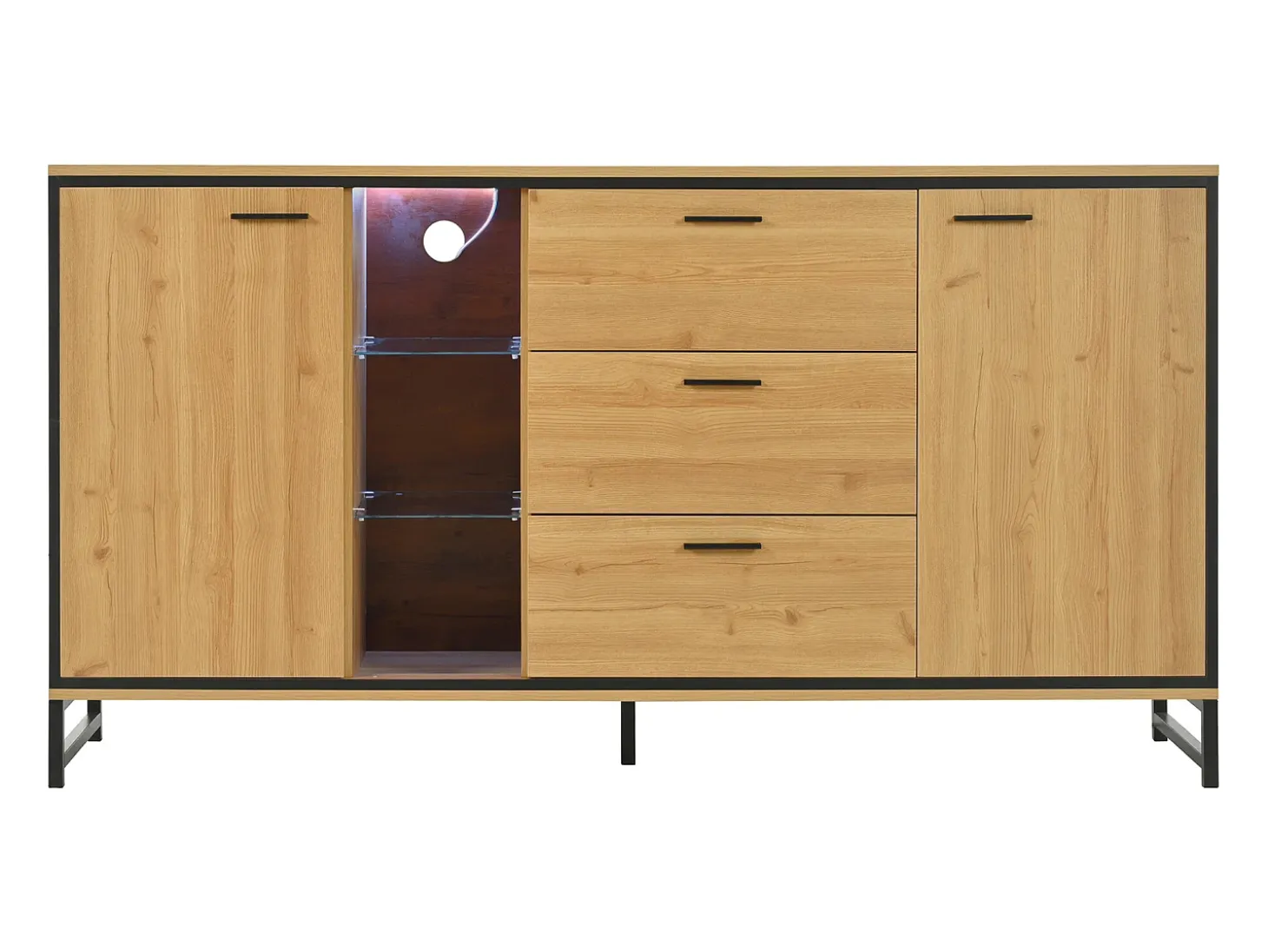 Aparador 160x40x85cm con 3 cajones, 2 puertas, 3 nichos y LED, cuerpo en chapa de madera natural clara