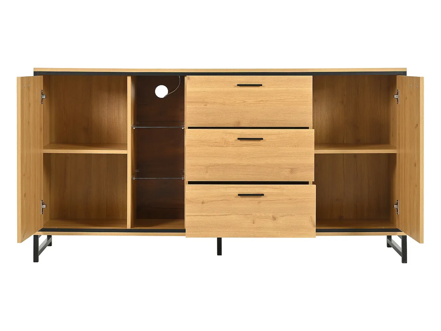 Aparador 160x40x85cm con 3 cajones, 2 puertas, 3 nichos y LED, cuerpo en chapa de madera natural clara