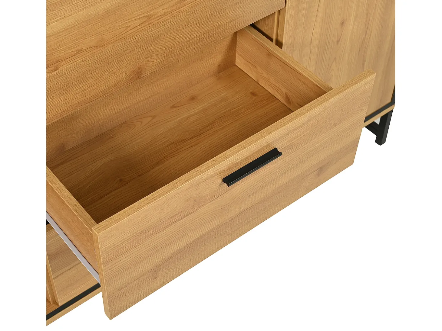 Aparador 160x40x85cm con 3 cajones, 2 puertas, 3 nichos y LED, cuerpo en chapa de madera natural clara