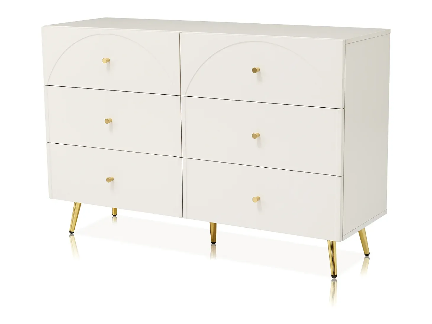 Aparador 120x40x85cm con 6 cajones, patas y tiradores dorados, cuerpo crema