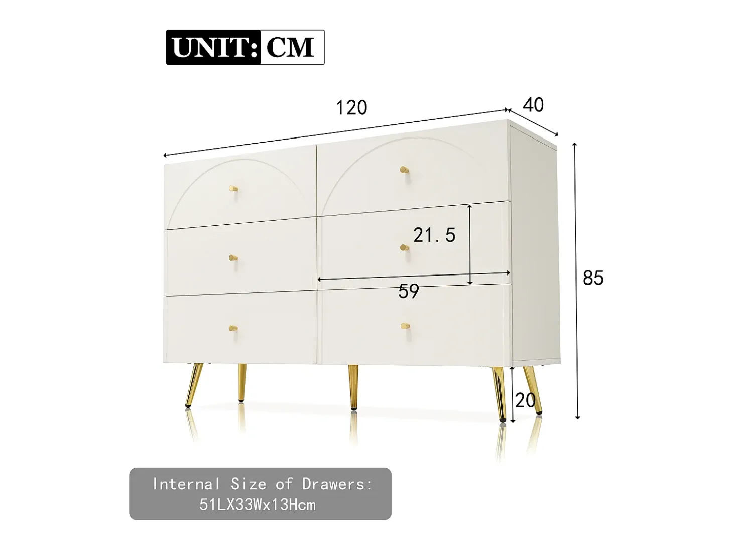 Aparador 120x40x85cm con 6 cajones, patas y tiradores dorados, cuerpo crema