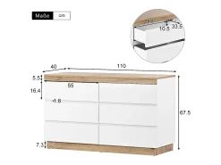 Aparador 110x40x67,5cm con 6 cajones, tapa chapada en roble, cuerpo blanco