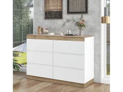 Aparador 110x40x67,5cm con 6 cajones, tapa chapada en roble, cuerpo blanco