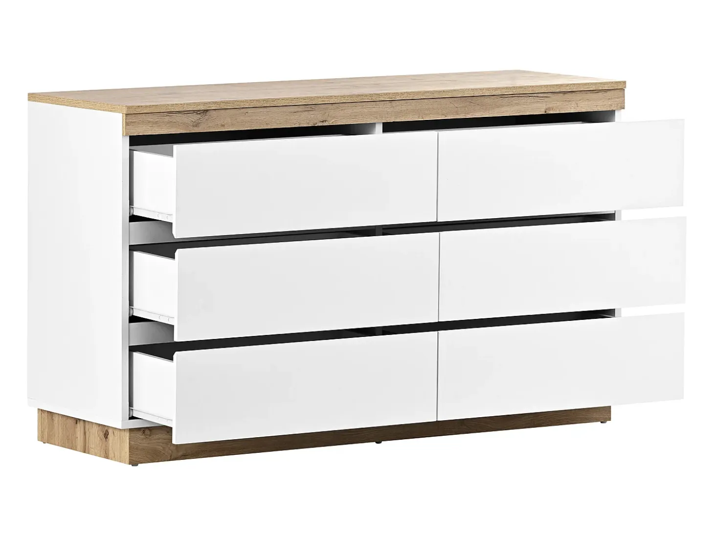 Aparador 110x40x67,5cm con 6 cajones, tapa chapada en roble, cuerpo blanco