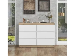 Aparador 110x40x67,5cm con 6 cajones, tapa chapada en roble, cuerpo blanco