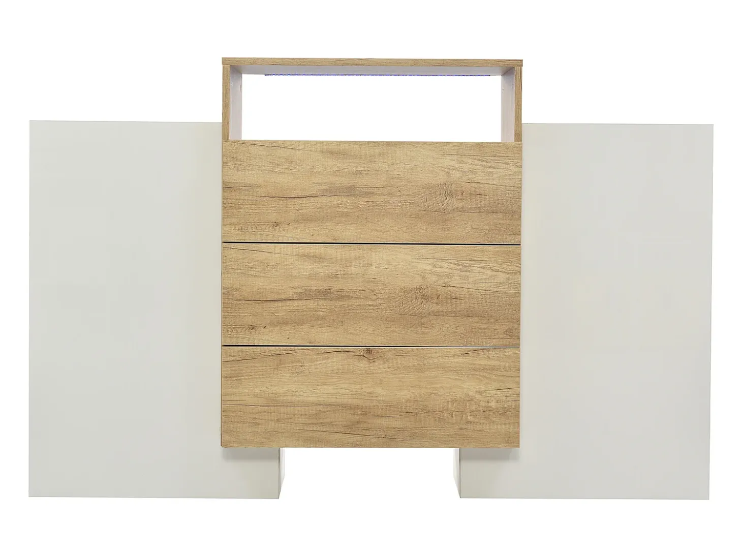 Aparador 140x37,5x90,5cm con 3 cajones y 2 puertas, 1 nicho con LED, cuerpo en madera y chapa blanca