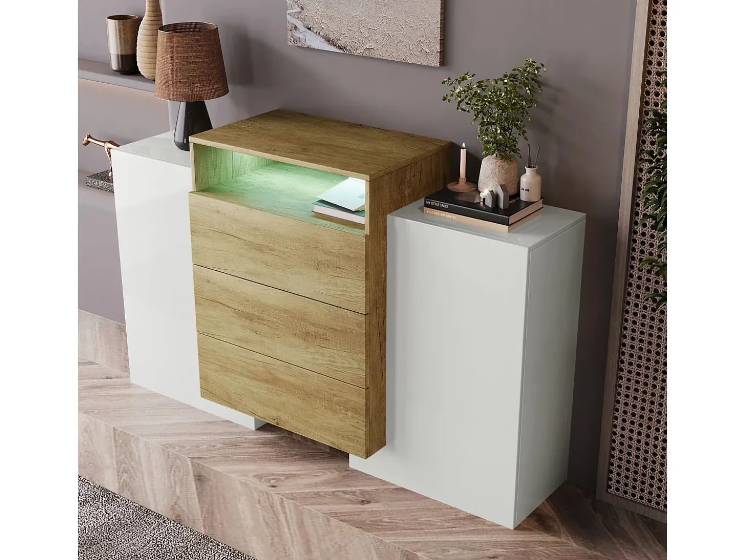 Aparador 140x37,5x90,5cm con 3 cajones y 2 puertas, 1 nicho con LED, cuerpo en madera y chapa blanca