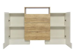 Aparador 140x37,5x90,5cm con 3 cajones y 2 puertas, 1 nicho con LED, cuerpo en madera y chapa blanca