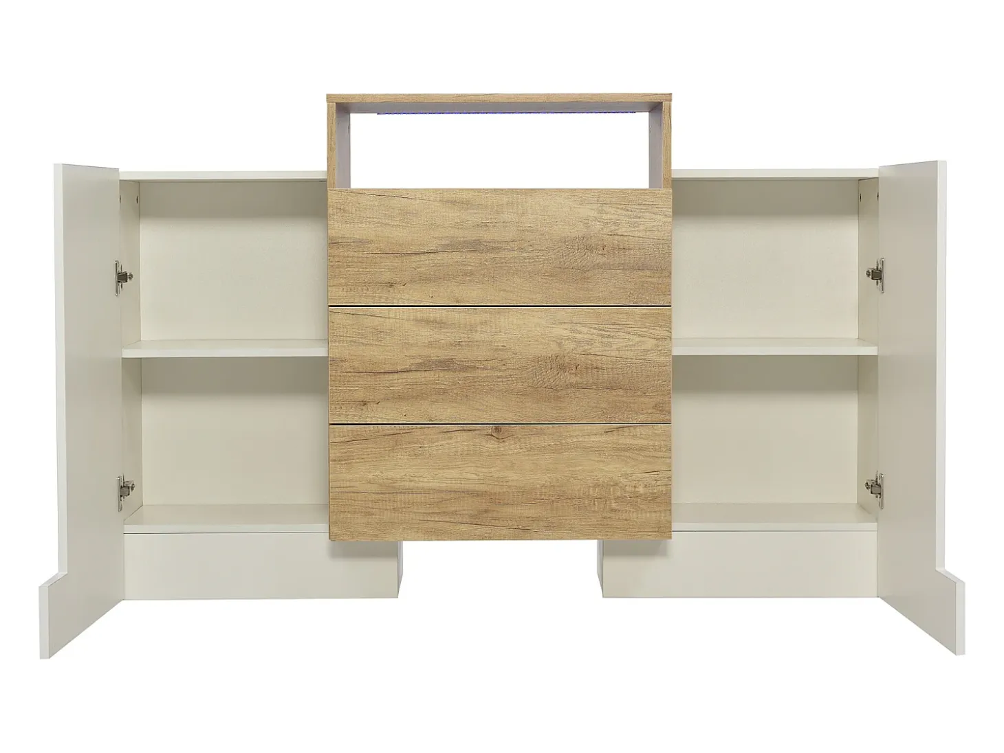 Aparador 140x37,5x90,5cm con 3 cajones y 2 puertas, 1 nicho con LED, cuerpo en madera y chapa blanca