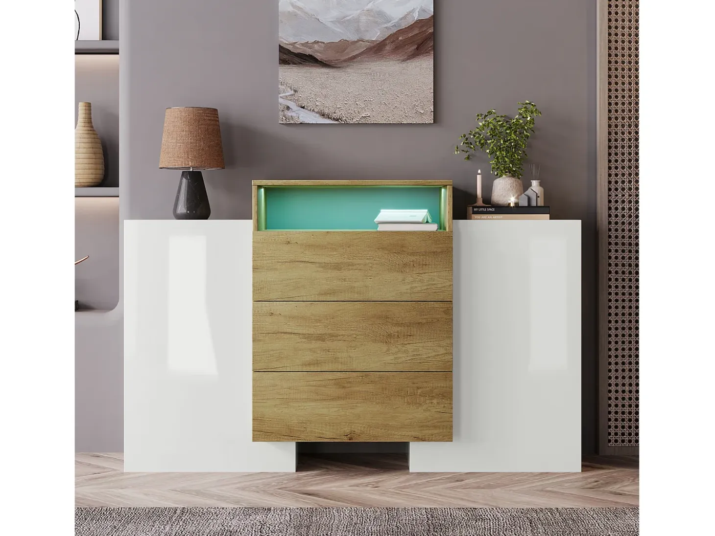 Aparador 140x37,5x90,5cm con 3 cajones y 2 puertas, 1 nicho con LED, cuerpo en madera y chapa blanca