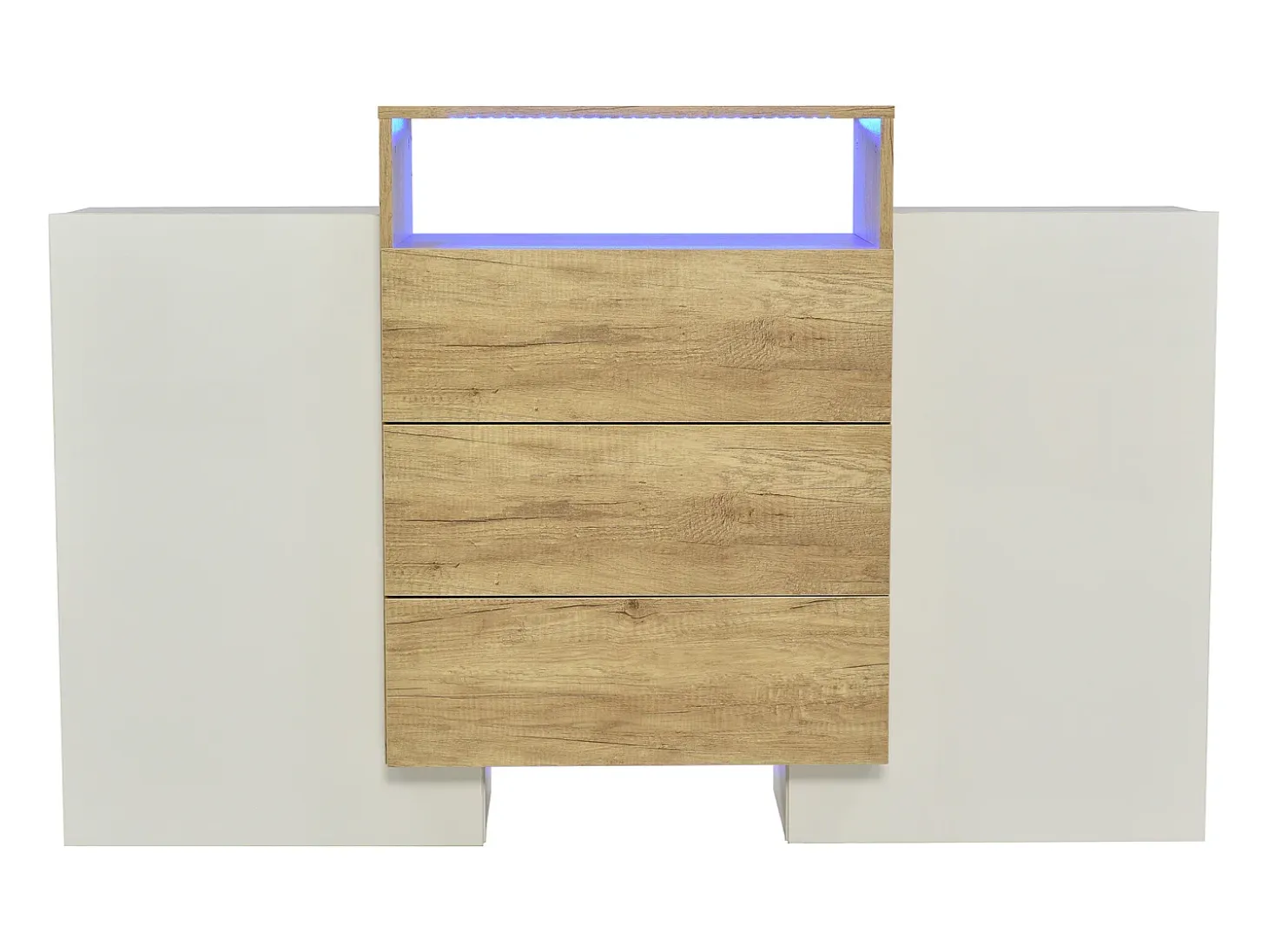 Aparador 140x37,5x90,5cm con 3 cajones y 2 puertas, 1 nicho con LED, cuerpo en madera y chapa blanca