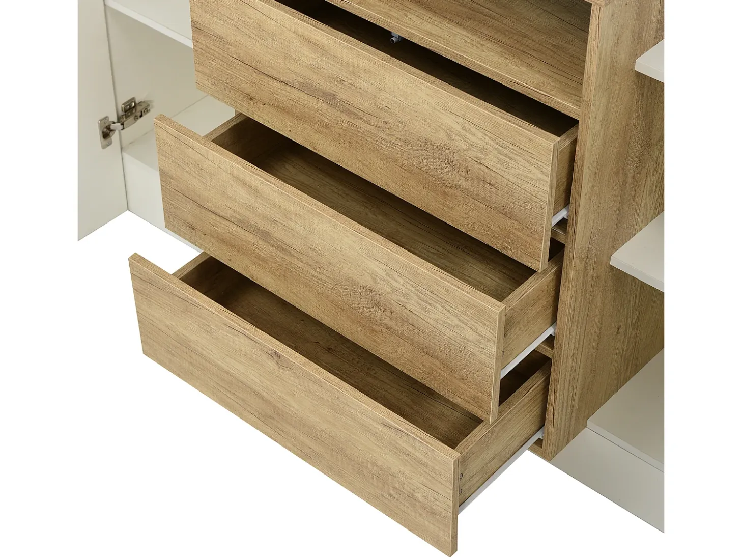 Aparador 140x37,5x90,5cm con 3 cajones y 2 puertas, 1 nicho con LED, cuerpo en madera y chapa blanca