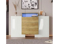 Aparador 140x37,5x90,5cm con 3 cajones y 2 puertas, 1 nicho con LED, cuerpo en madera y chapa blanca