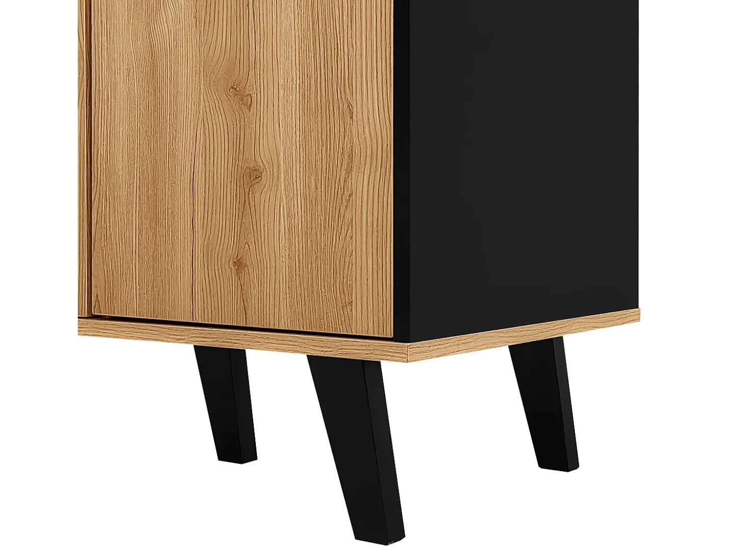 Aparador 140x41x78,5cm con 3 puertas y LED, en chapa imitación madera, natural y negro