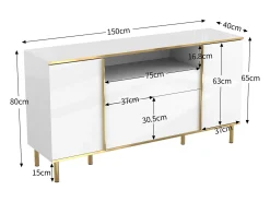Aparador 150x40x80cm con 4 puertas, 1 cajón y 1 nicho con LED, cuerpo en lacado blanco, cantos y patas en oro.