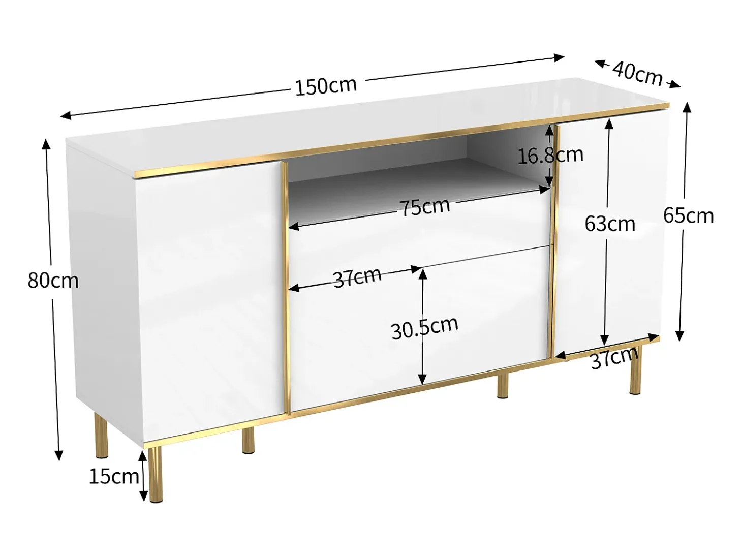 Aparador 150x40x80cm con 4 puertas, 1 cajón y 1 nicho con LED, cuerpo en lacado blanco, cantos y patas en oro.