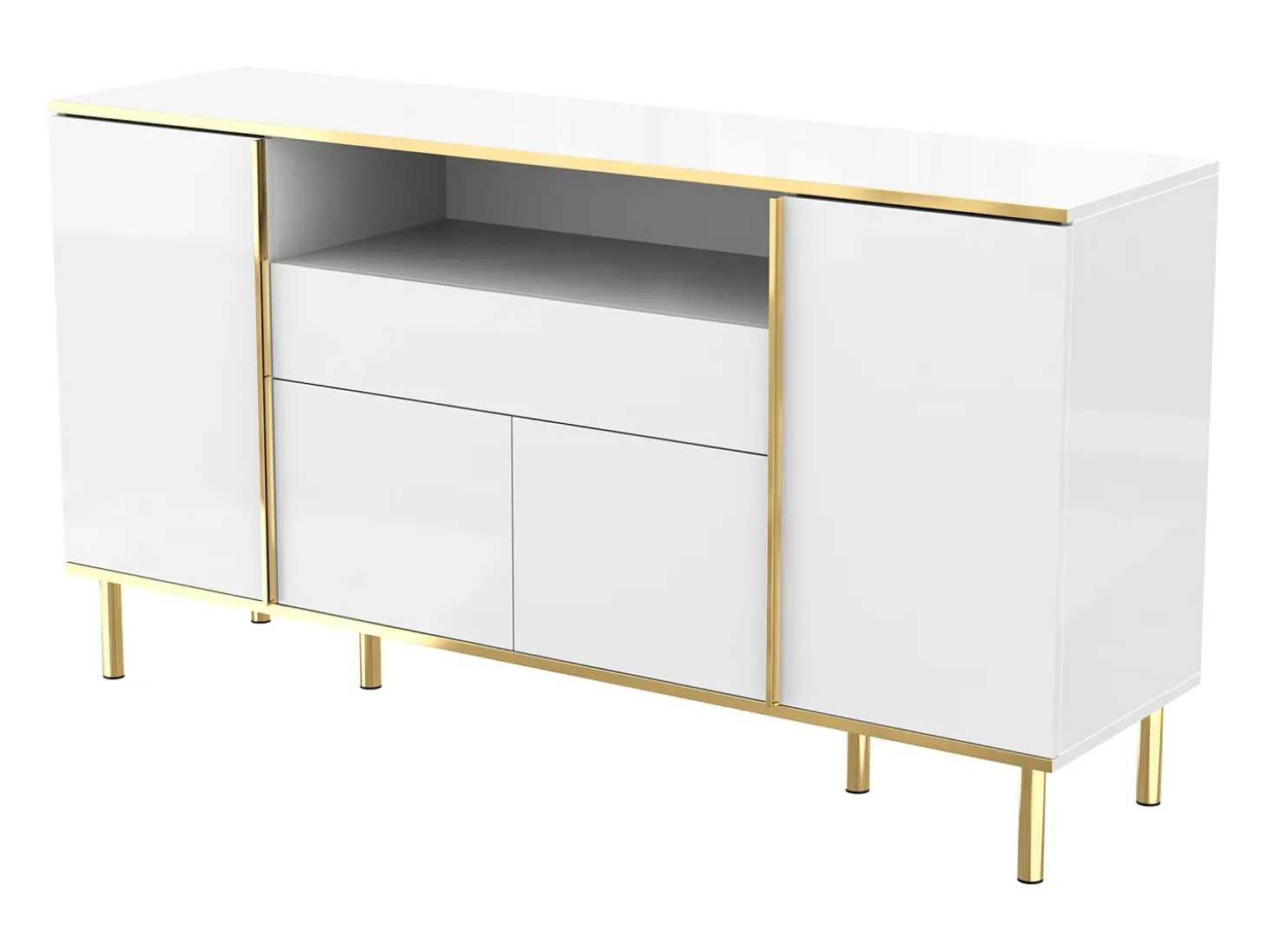 Aparador 150x40x80cm con 4 puertas, 1 cajón y 1 nicho con LED, cuerpo en lacado blanco, cantos y patas en oro.