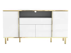 Aparador 150x40x80cm con 4 puertas, 1 cajón y 1 nicho con LED, cuerpo en lacado blanco, cantos y patas en oro.