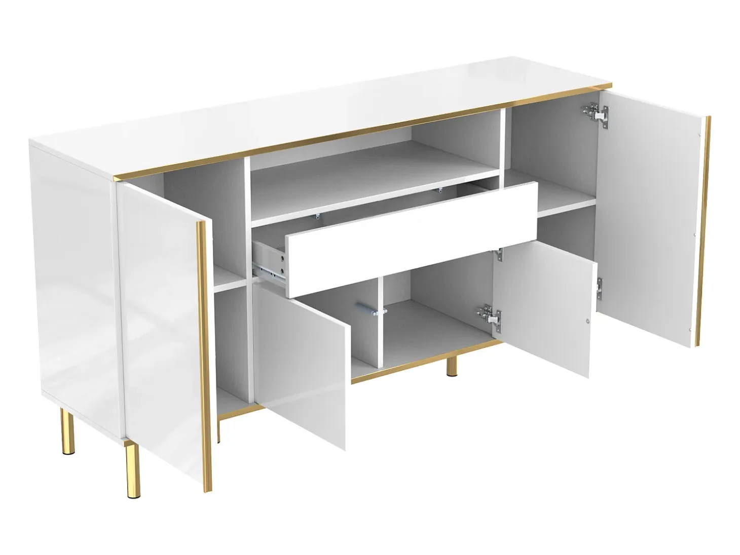 Aparador 150x40x80cm con 4 puertas, 1 cajón y 1 nicho con LED, cuerpo en lacado blanco, cantos y patas en oro.